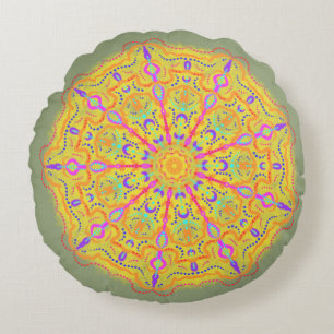 Yellow Mandala with pink Geometry Round Pillow