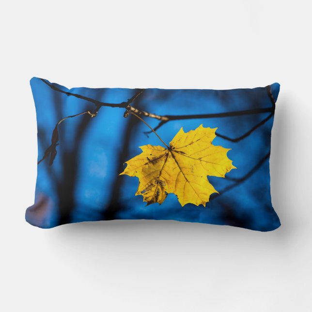 Yellow Maple Leaf On Blue Lumbar Pillow (Front)