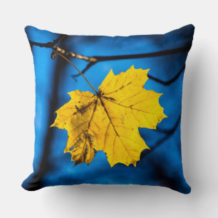 Yellow Maple Leaf On Blue Throw Pillow