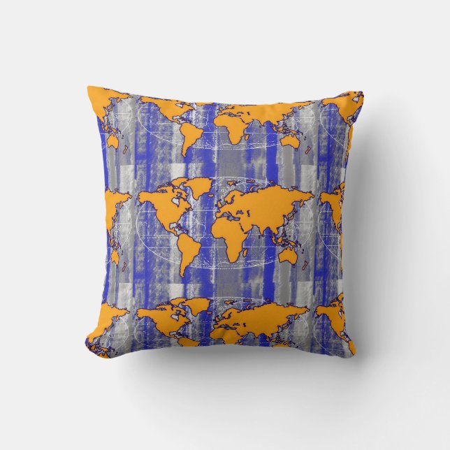 yellow maps & blue stripes throw pillow (Front)