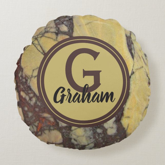 Yellow Marble Pattern Monogram Family Initial Round Pillow (Front)