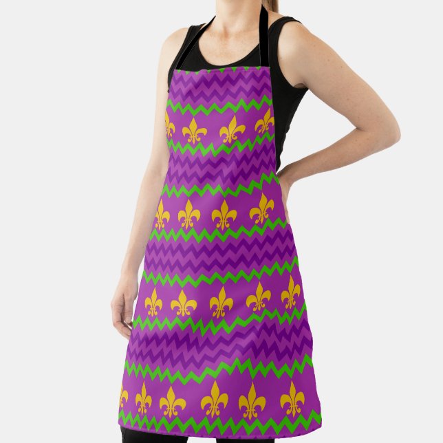 YELLOW MARDI GRAS FLEUR DI LIS PURPLE GREEN STRIPE APRON (Insitu)