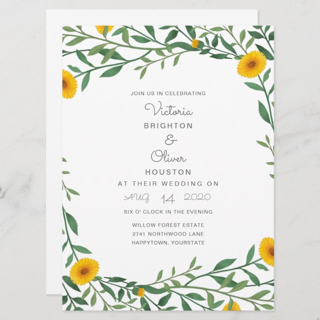 Yellow Marigold Floral Wedding Invitations (Front/Back)