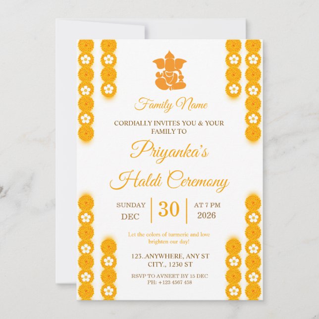 Yellow Marigold Haldi Ceremony Invitation (Front)