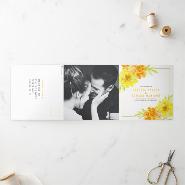 Yellow marigold watercolor flowers wedding Tri-Fold invitation (Outside)