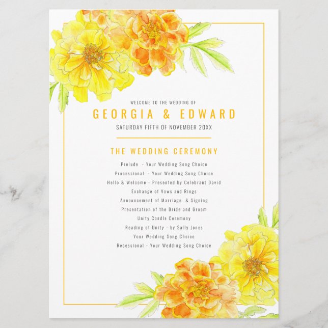 Yellow marigolds watercolor art wedding program (Front)