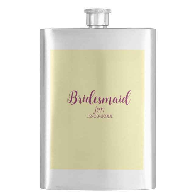 Yellow maroon bridesmaid name date stylish bride t hip flask (Front)