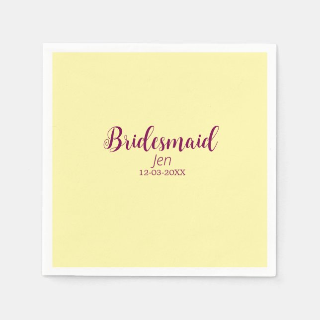 Yellow maroon bridesmaid name date stylish bride t napkin (Front)