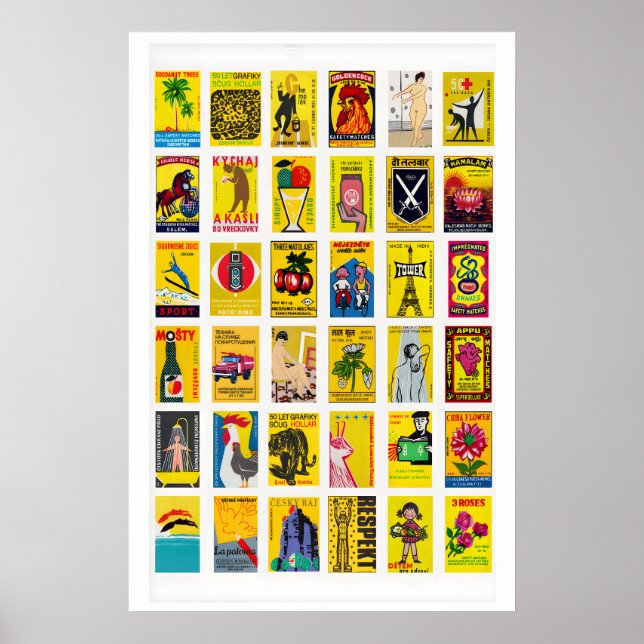 Yellow Matchbox Labels Grid Print, Vintage Poster (Front)