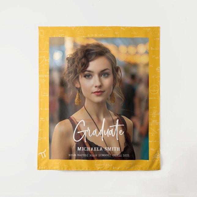 Yellow Math Handwritten Script Photo Graduation  Tapestry (Front)