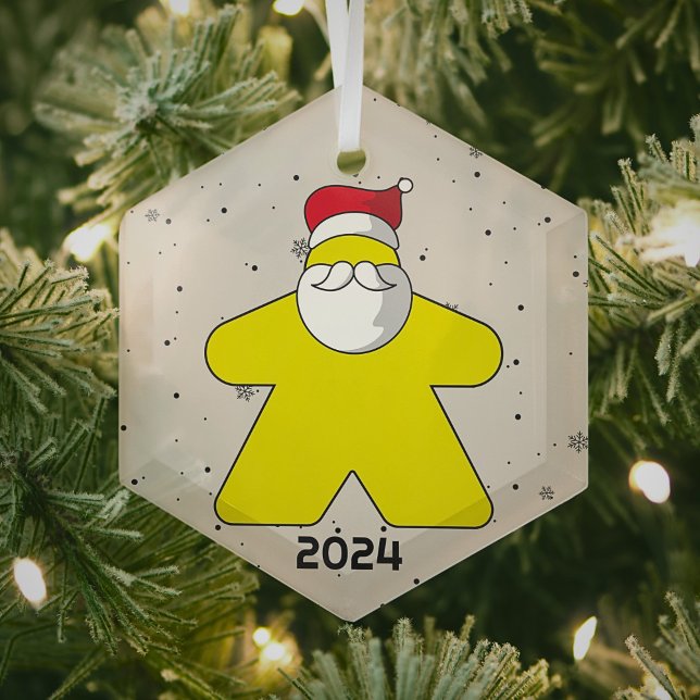 Yellow Meeple Santa Custom Year Family Board Game  Glass Ornament (Creator Uploaded)