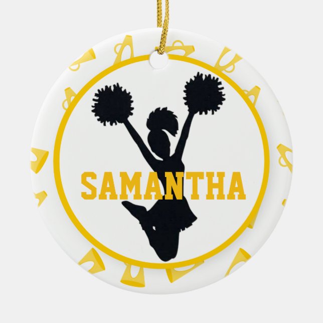 Yellow Megaphones and Cheerleader Personalized Ceramic Ornament (Front)