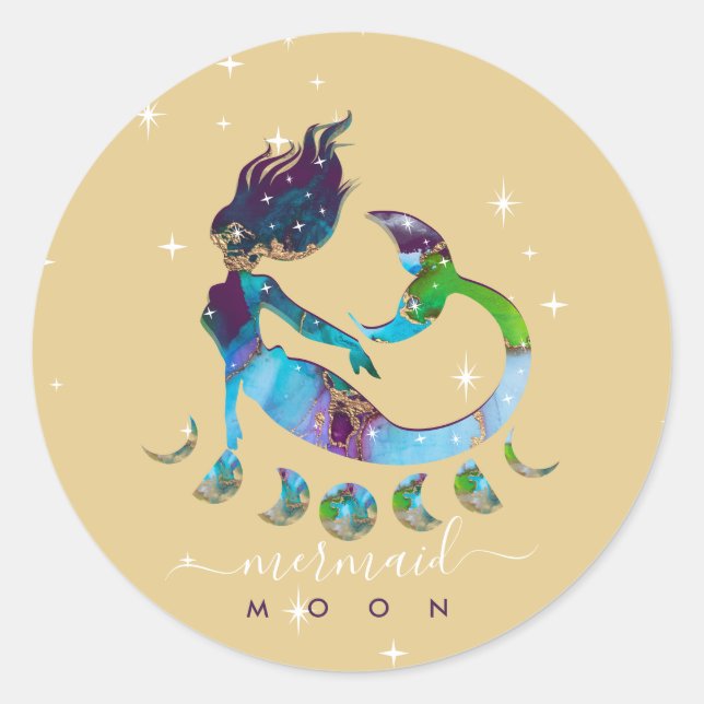 Yellow Mermaid moon spiritual zodiac instruction Classic Round Sticker (Front)