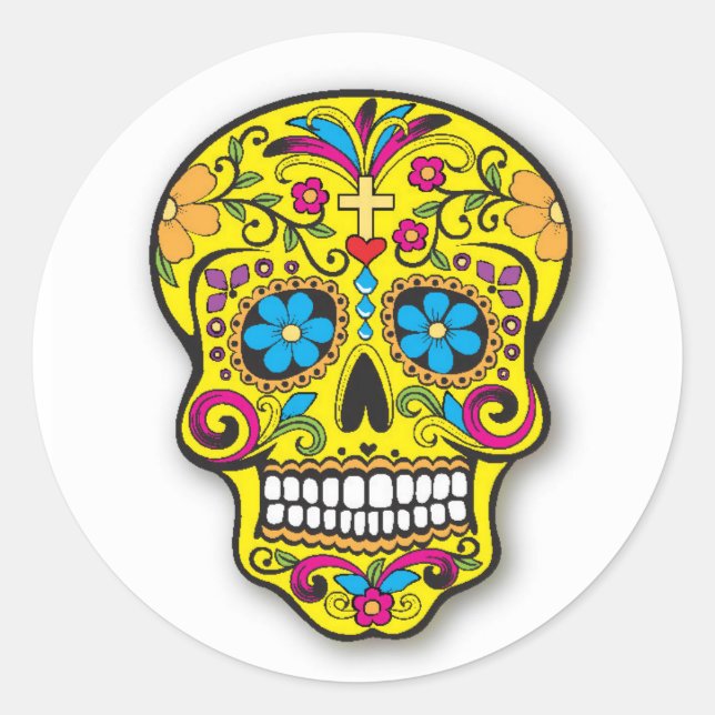 Yellow Mexican Sugar Skull Day of the Dead Classic Round Sticker (Front)