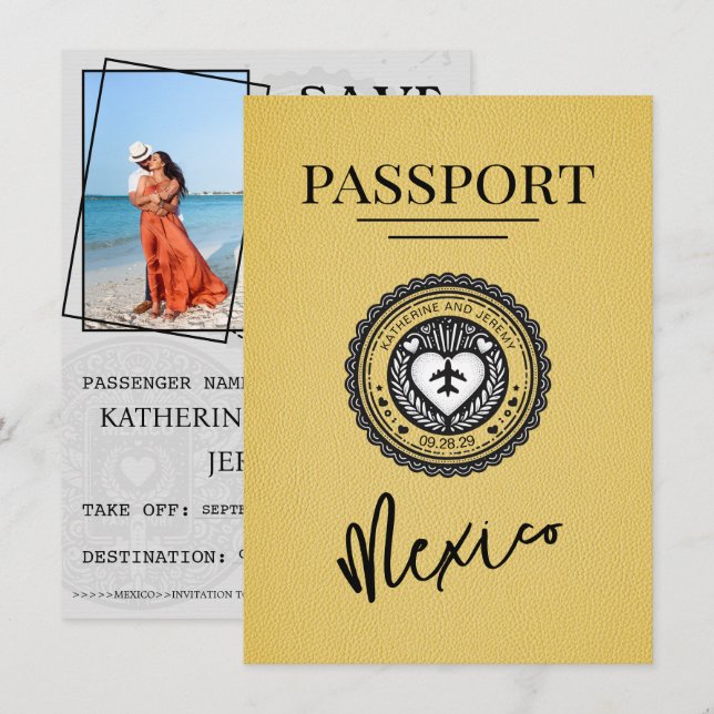 Yellow Mexico Passport Save The Date (Front/Back)