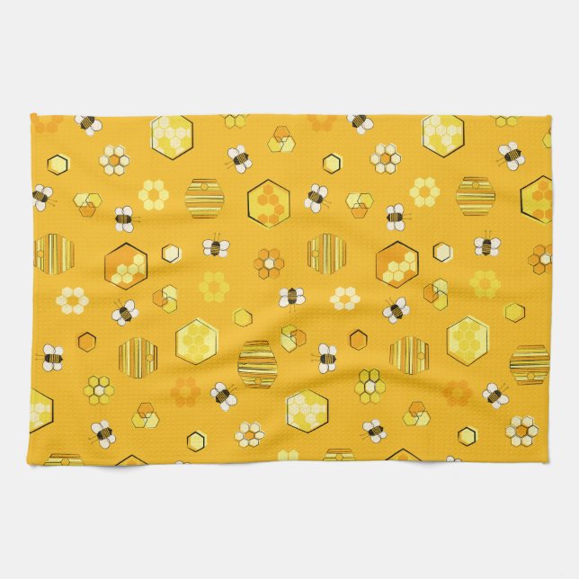 Yellow Midcentury Retro Honey Bee Pattern Kitchen Towel (Horizontal)
