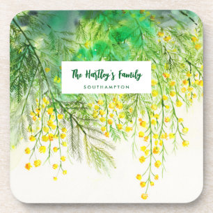 Yellow Mimosa Floral Watercolor Painting Coaster