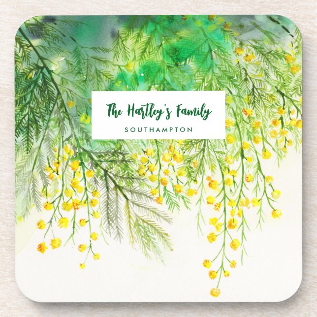 Yellow Mimosa Floral Watercolor Painting Coaster (Front)