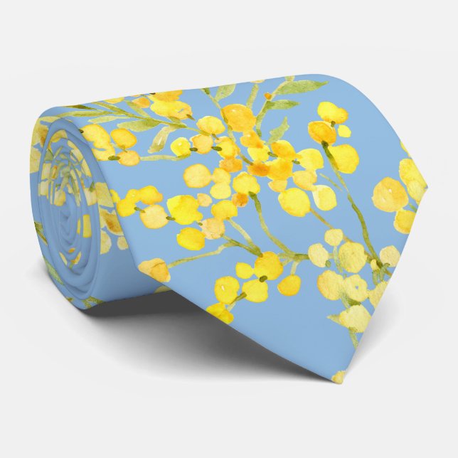 Yellow mimosa flowers on blue tie (Rolled)