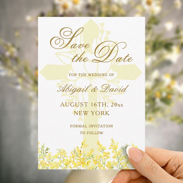 Yellow Mimosa Religious Wedding Save The Date (Creator Uploaded)