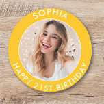 Yellow Modern Bright Happy 21st Birthday Photo Classic Round Sticker<br><div class="desc">Cute 21st Birthday Happy Birthday Custom Photo stickers for your son or daughter's birthday party. They feature a cute customizable text and image. Perfect for invitations and party bag goodies.</div>