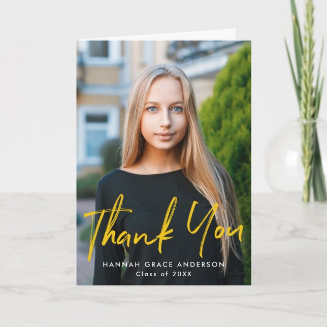 Yellow | Modern Brush Script Photo Graduation Thank You Card (Front)