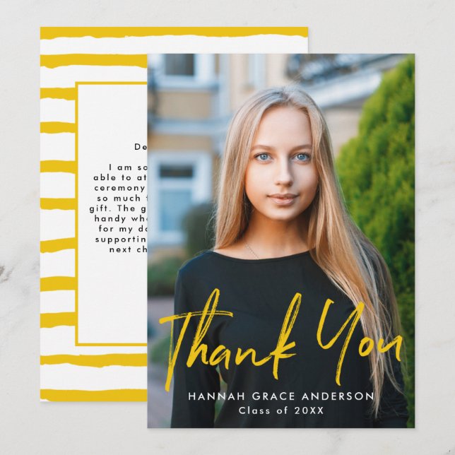 Yellow | Modern Brush Script Photo Graduation Thank You Card (Front/Back)