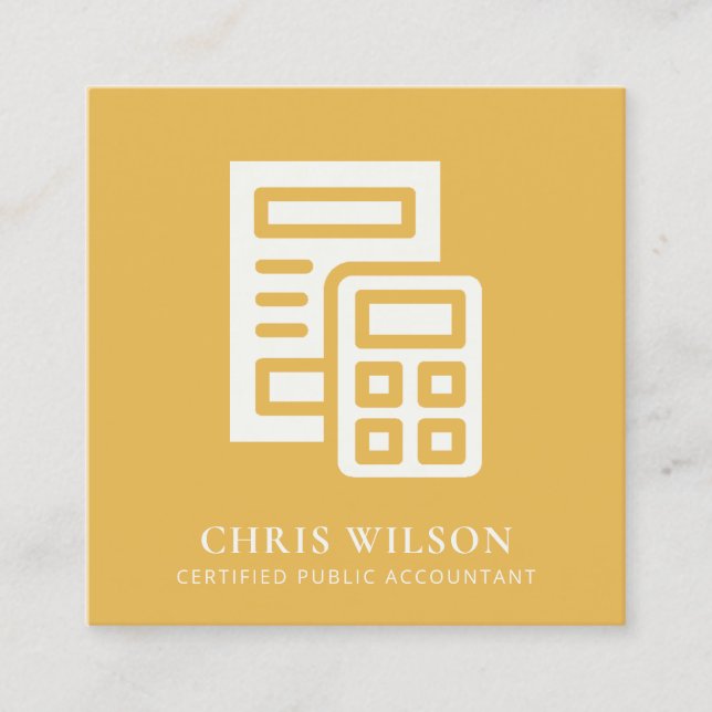 YELLOW MODERN CALCULATION ICON ACCOUNTING TAX SQUARE BUSINESS CARD (Front)