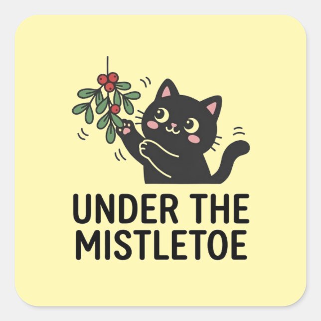Yellow Modern Cat Holiday Mistletoe Design Sticker (Front)