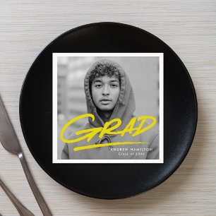 Yellow Modern Dashed Grad Photo Graduation Napkin