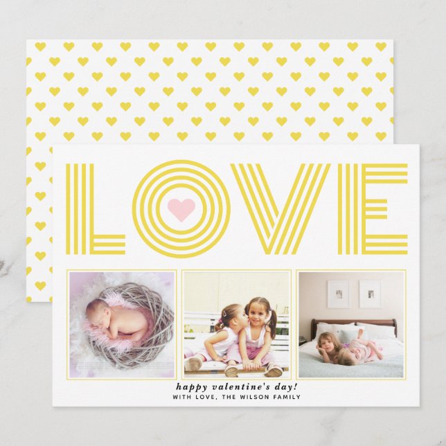 Yellow modern LOVE Valentines Day heart photo Holiday Card (Front/Back)