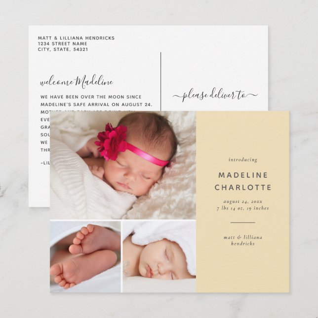 Yellow Modern Multi-Photo Birth Announcement Postcard (Front/Back)