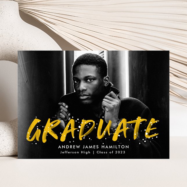 Yellow Modern Paint Splatter Photo Graduation Announcement (Creator Uploaded)