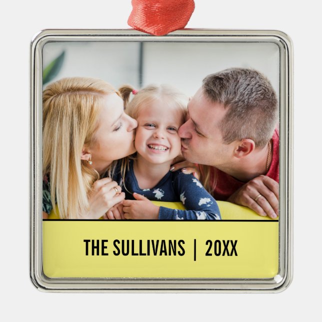 Yellow Modern Personalized Photo and custom text Metal Ornament (Front)