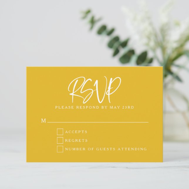 Yellow Modern Script Lettering Wedding RSVP Card (Standing Front)