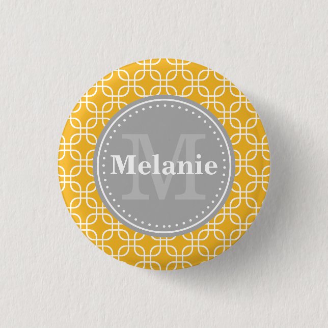 Yellow Modern Squares Pattern Grey Monogram 1 Inch Round Button (Front)