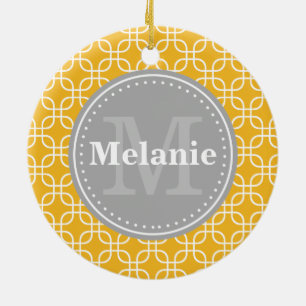 Yellow Modern Squares Pattern Grey Monogram Ceramic Ornament