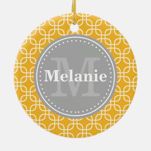 Yellow Modern Squares Pattern Grey Monogram Ceramic Ornament (Back)