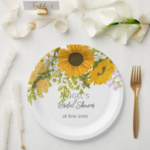 Yellow Modern Sunflowers Bouquet Bridal Shower Paper Plate