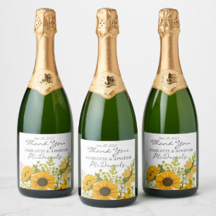 Yellow Modern Sunflowers Bouquet Wedding  Sparkling Wine Label