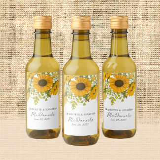 Yellow Modern Sunflowers Bouquet Wedding  Wine Label