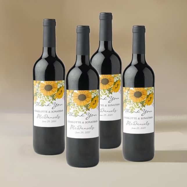 Yellow Modern Sunflowers Bouquet Wedding  Wine Label (Creator Uploaded)