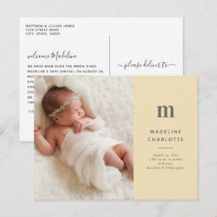 Yellow Monogram 1-Photo New Baby Announcement Postcard