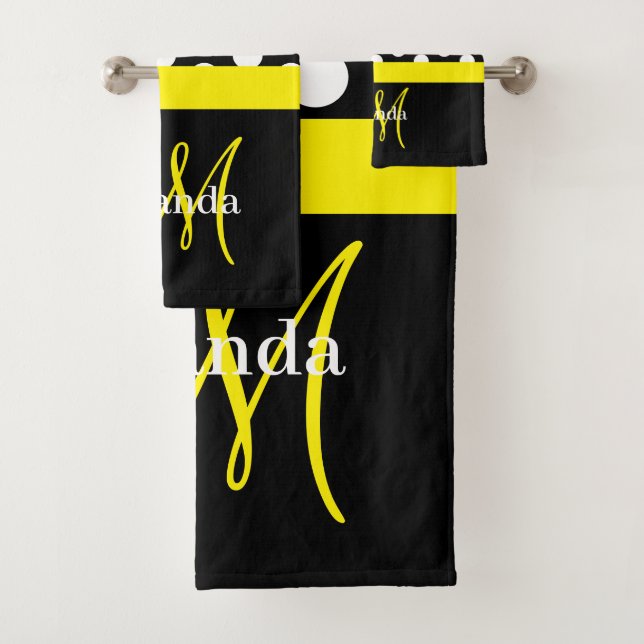 Yellow Monogram Black White Polka Dot Bath Towel Set (Insitu)