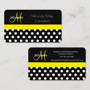 Yellow Monogram Black White Polka Dot Business Card
