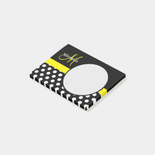 Yellow Monogram Black White Polka Dot Post-it Notes