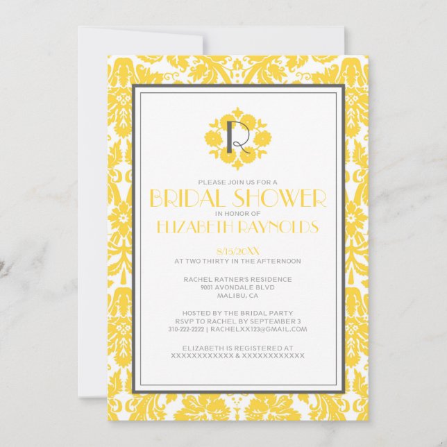 Yellow Monogram Damask Bridal Shower Invitations (Front)