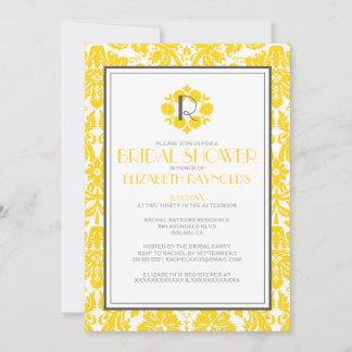 Yellow Monogram Damask Bridal Shower Invitations