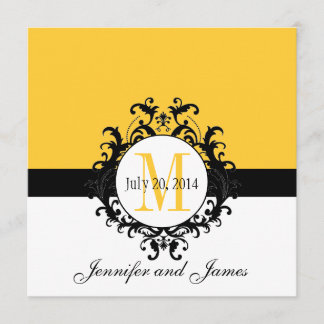 Yellow Monogram Damask Wedding Invitation