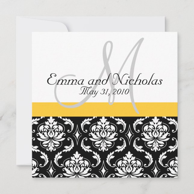 Yellow Monogram Damask Wedding Invitation (Front)